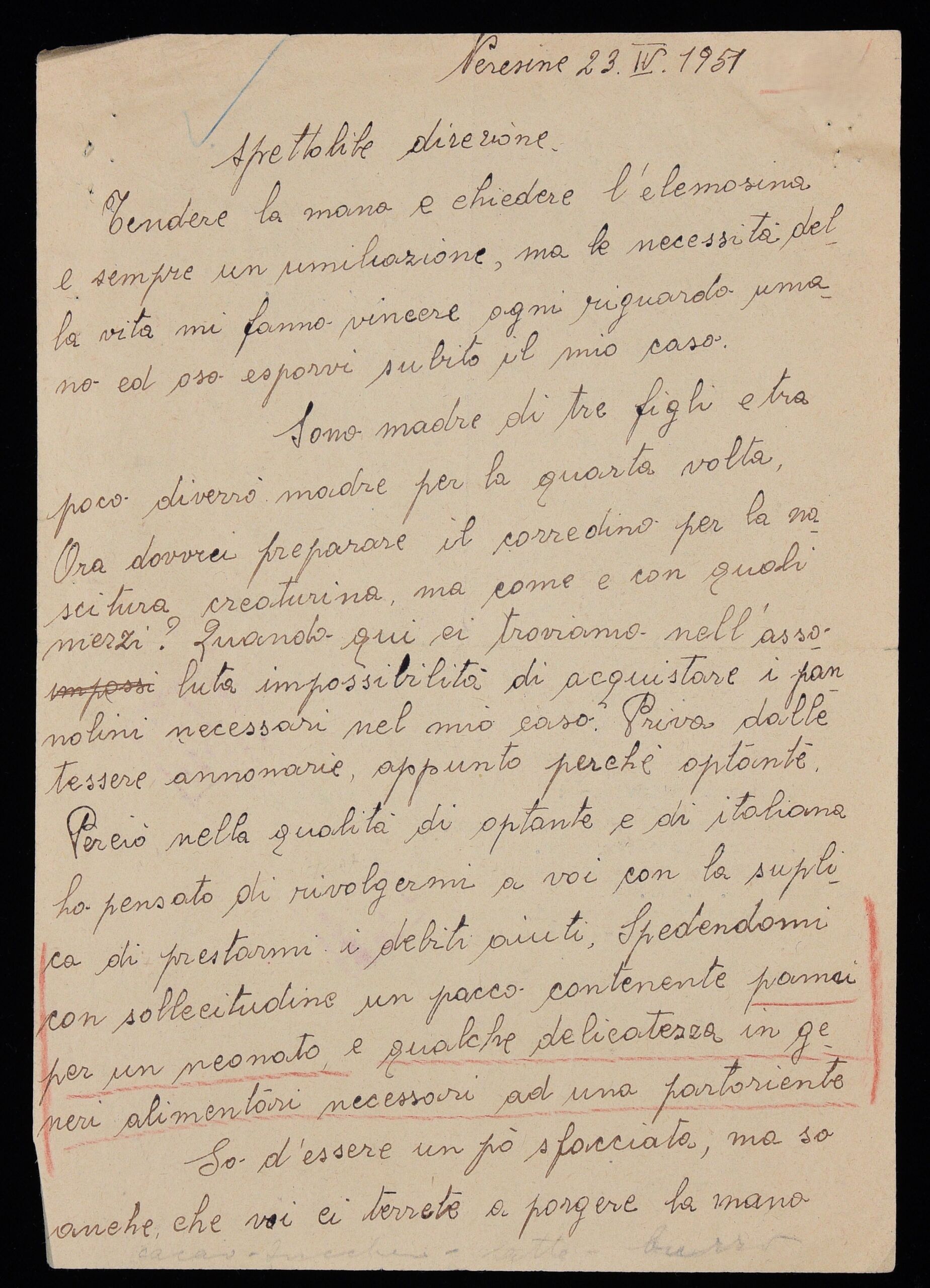 Lettera di Domenica L. alla Croce Rossa Italiana, Comitato provinciale di Trieste, Neresine (Isola di Lussino, oggi Croazia), 23 aprile 1951