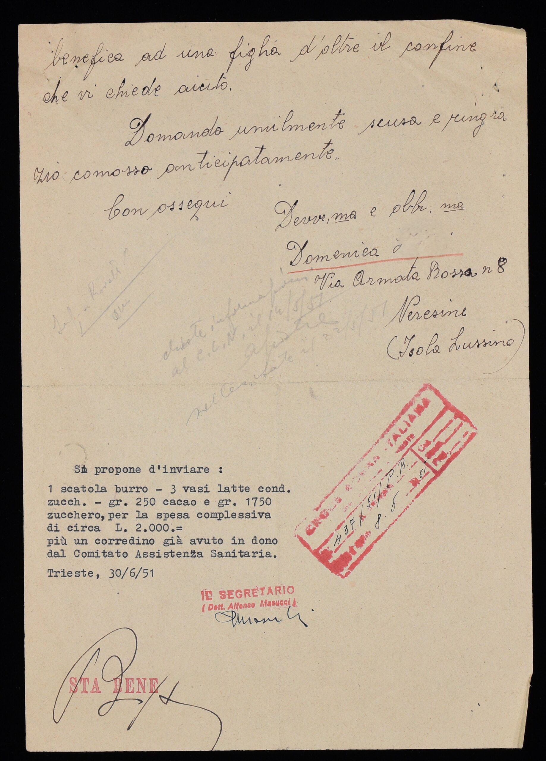 Lettera di Domenica L. alla Croce Rossa Italiana, Comitato provinciale di Trieste, Neresine (Isola di Lussino, oggi Croazia), 23 aprile 1951