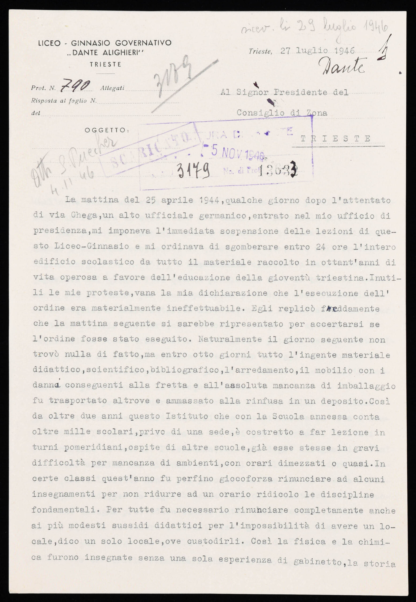 Nota del preside del liceo Dante Alighieri, Gian Luigi Bisoffi al presidente del Consiglio di Zona del Governo militare alleato.