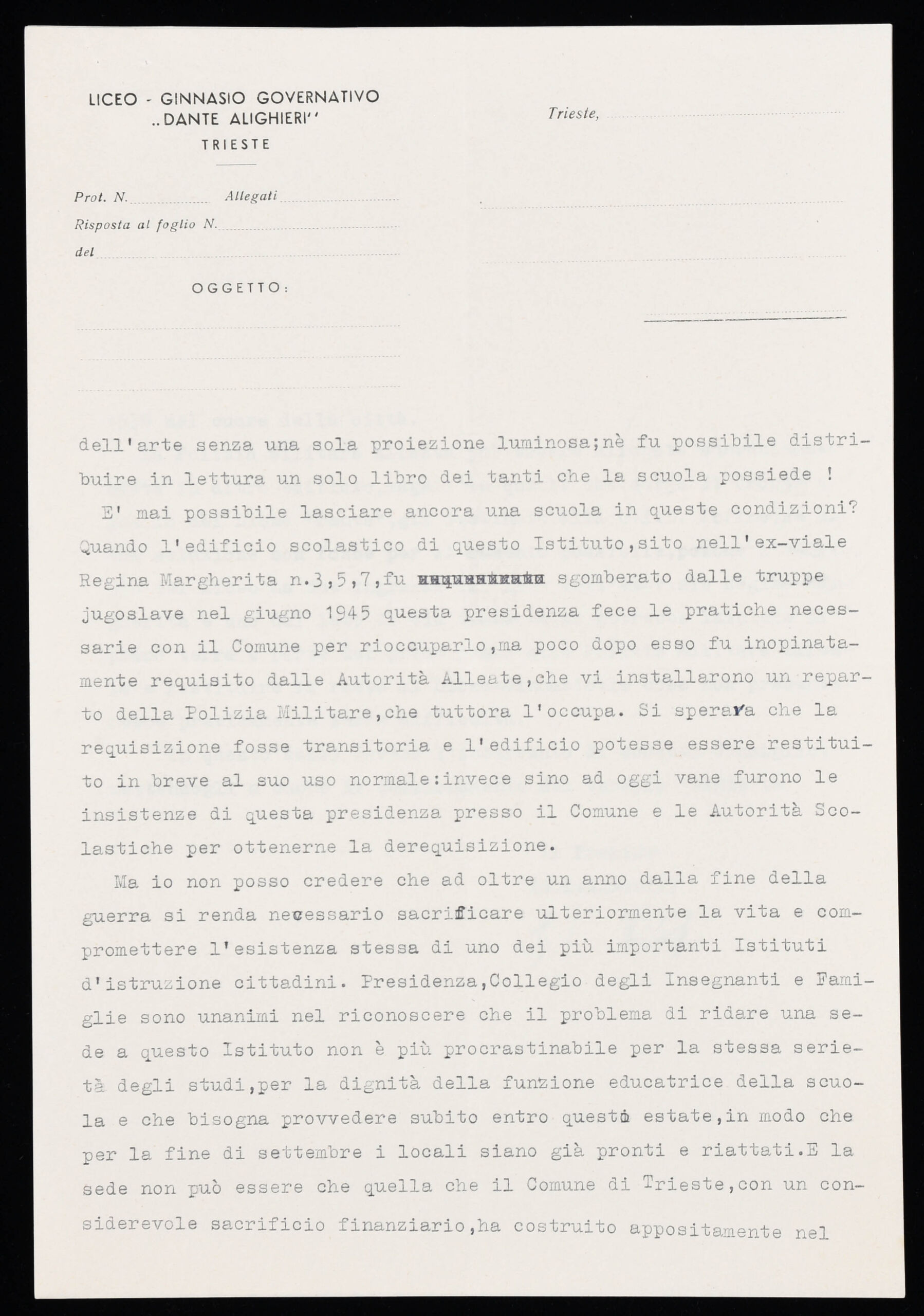 Nota del preside del liceo Gian Luigi Bisoffi al presidente del Consiglio di Zona del Governo militare alleato.