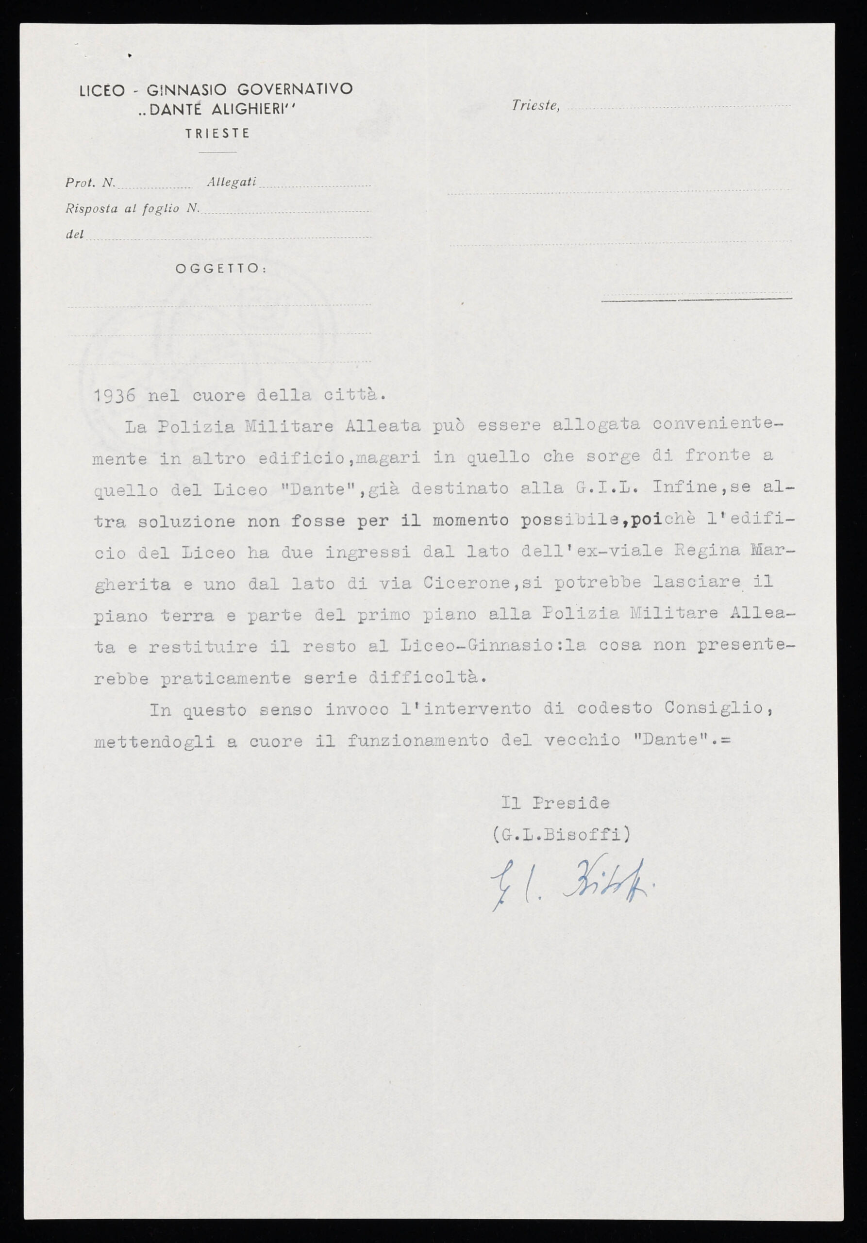 Nota del preside del liceo Gian Luigi Bisoffi al presidente del Consiglio di Zona del Governo militare alleato.