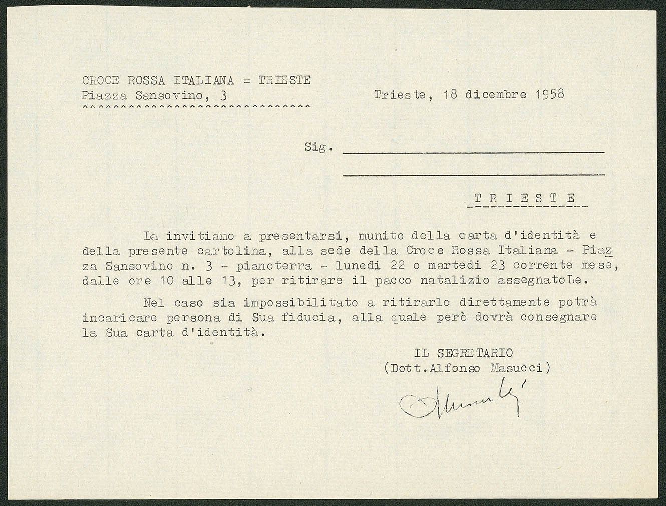 Modulo prestampato per il ritiro del pacco natalizio, Croce Rossa Italiana Comitato di Trieste.