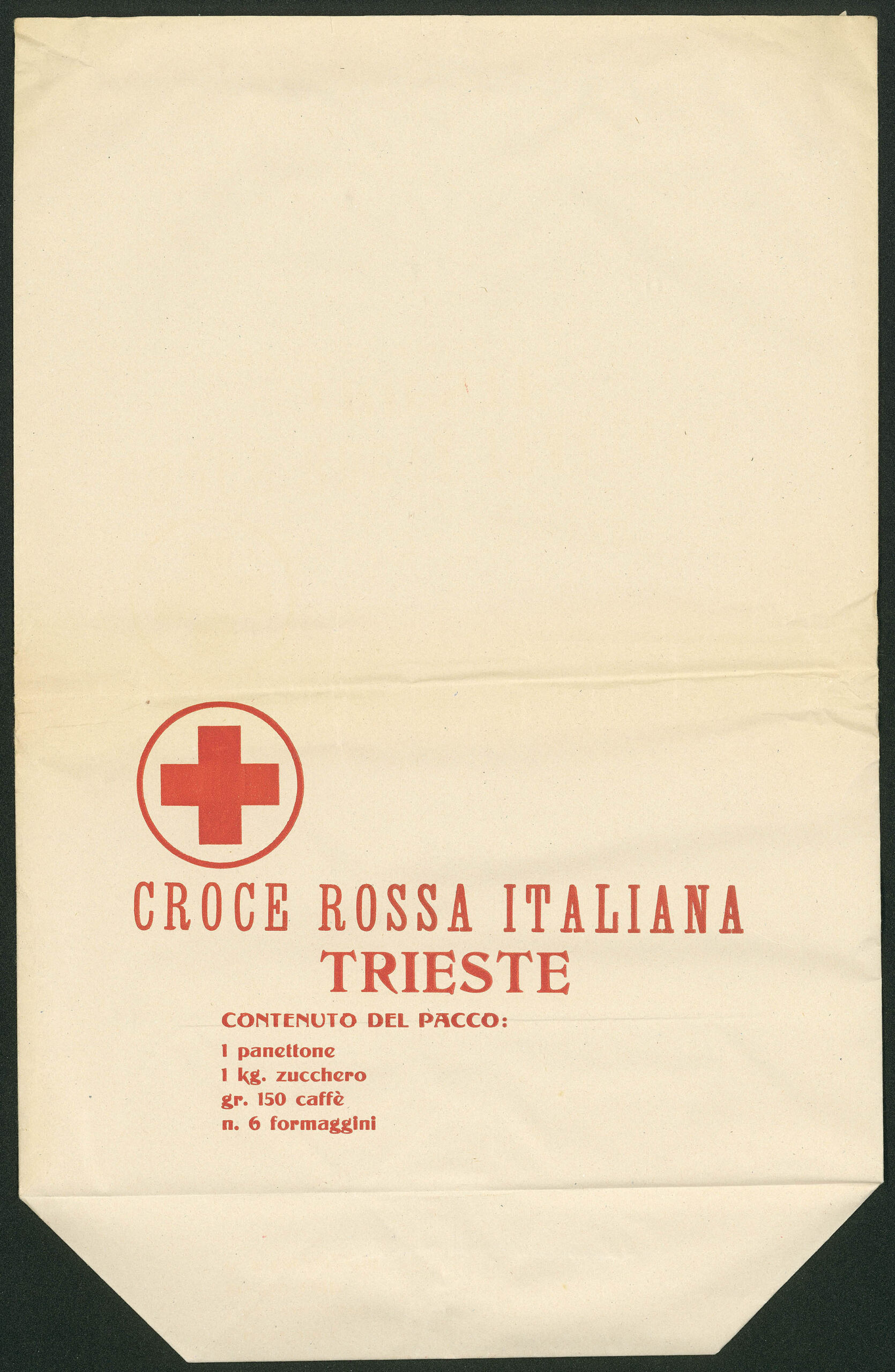 Involucro di carta per generi alimentari, pacco di Natale Croce Rossa Italiana 1958.