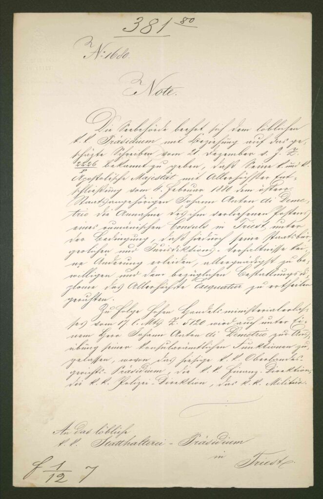 Archivio di Stato di Trieste, Luogotenenza del Litorale, Atti presidiali, busta 116, f. 1.12.7, prot. 381/1880