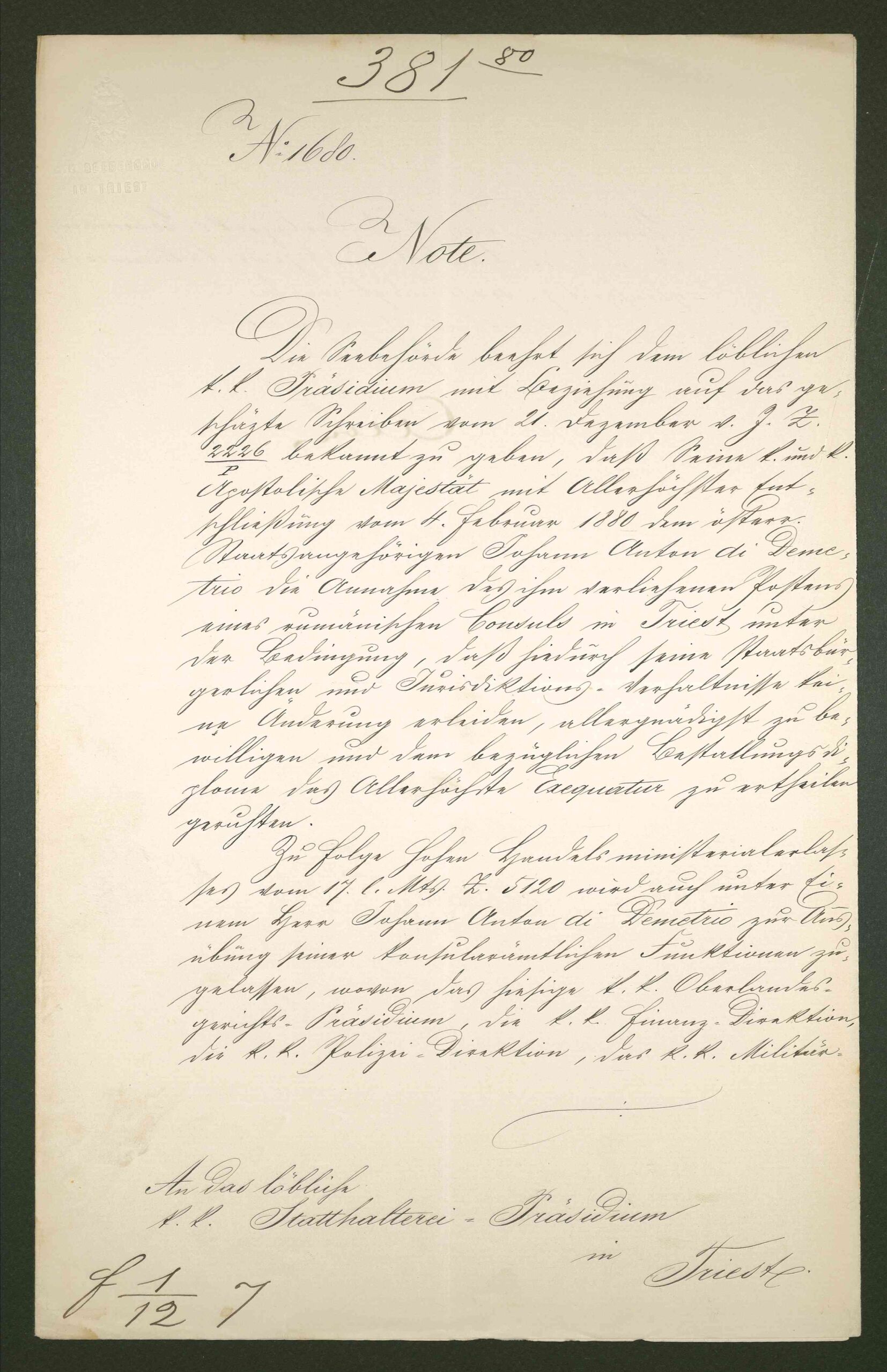 Archivio di Stato di Trieste, Luogotenenza del Litorale, Atti presidiali, busta 116, f. 1.12.7, prot. 381/1880